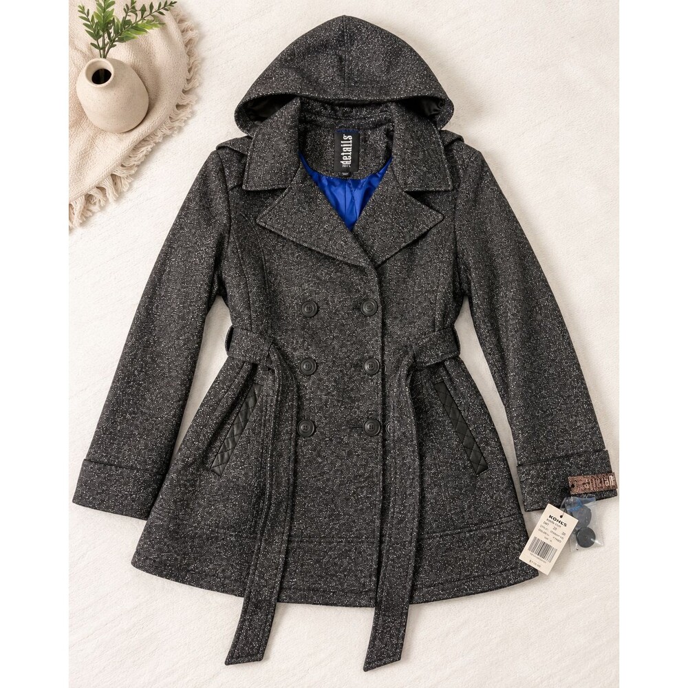 Details Intl NWT Women's XL Gray Tweed Hooded Belted Double Breasted Pea Coat